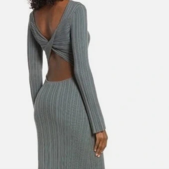 Open Edit  Ribbed Long Sleeve Open Back Crew Neck Dress - Picture 2 of 4